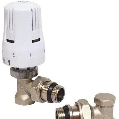 288805 - SOMATHERM Set termostatësh 2 copë, bërryl 1/2", lidhje universale M30x1.5, lidhje 15/21, guarnicion në anën e radiatorit, valvul termostatik, kënd i rregullueshëm