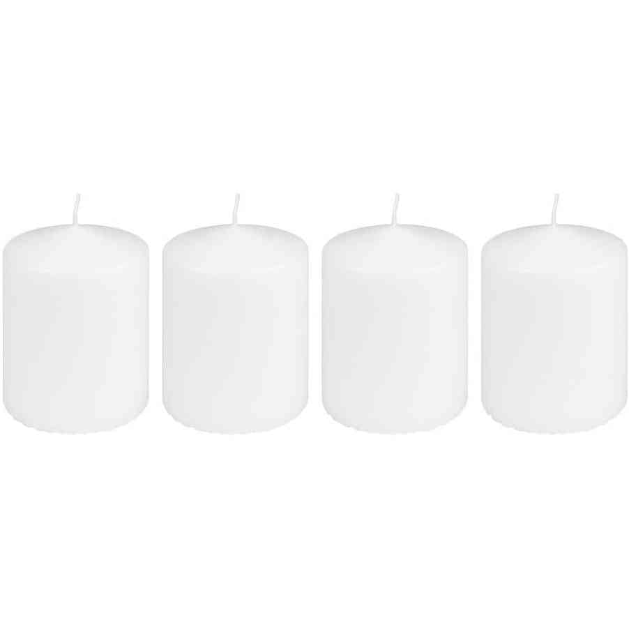 254119 - Qirinj Shtyllë Të Bardhë, të Rrumbullakët, Set me 4, Ø 7 cm, 10 cm i lartë, Koha e djegies 30 orë, qirinj parafine shtëpiake, pa aromë