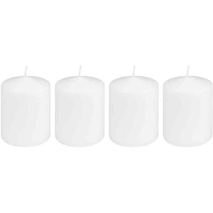 254119 - Qirinj Shtyllë Të Bardhë, të Rrumbullakët, Set me 4, Ø 7 cm, 10 cm i lartë, Koha e djegies 30 orë, qirinj parafine shtëpiake, pa aromë