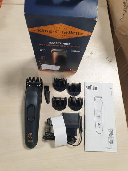 321205 - KING C. GILLETTE Kit prerës mjekre për meshkuj, 1 kokë, 3 krehëra prerës, 1 furçë, 1 karikues, brisk elektrik për mjekër