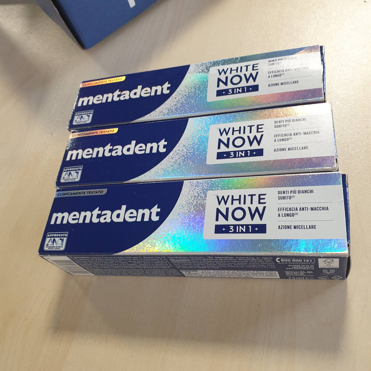 336655 - MENTADENT Pastë dhëmbësh White Now 3 në 1 Origjinale, Teknologji e Dritës së Trefishtë, Zbardhues, 3x75ml