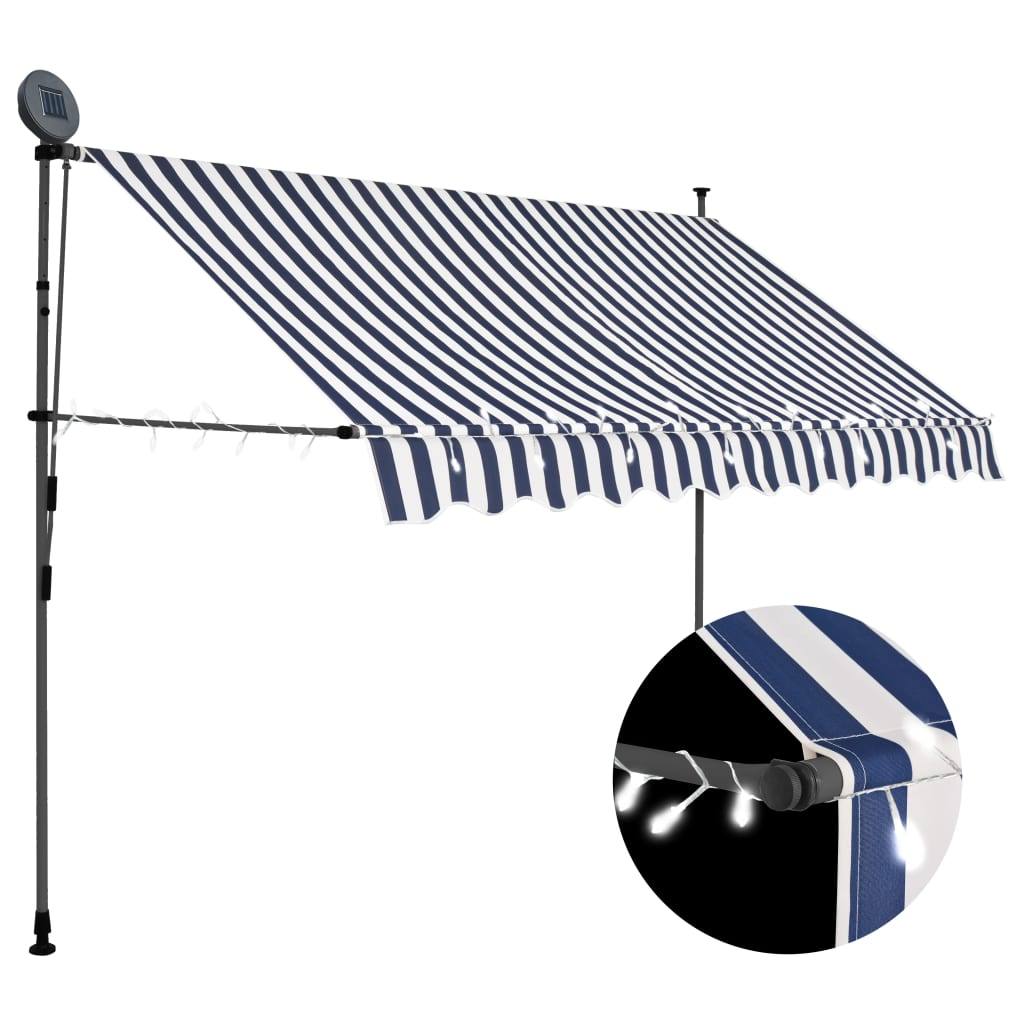 280328 - Tendë vidaXL e tërheqshme manuale me LED 250 cm Blu dhe e bardhë