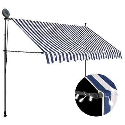 280328 - Tendë vidaXL e tërheqshme manuale me LED 250 cm Blu dhe e bardhë