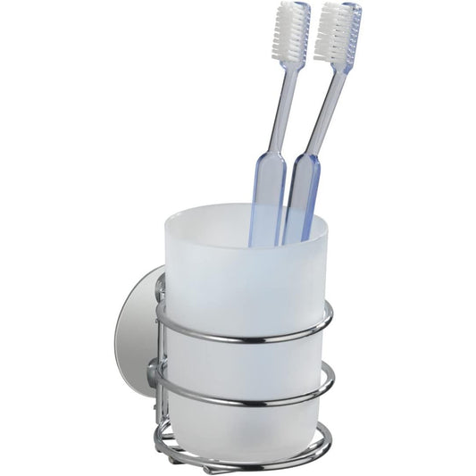 206053 - WENKO Turbo-Loc® Gotë për Furçë Dhëmbësh, Fiksuese pa Shpim, Plastikë Sateni e Bardhë, Mbajtëse Kromi për Montim në Mur, Madhësia 7.5 x 10 x 9 cm