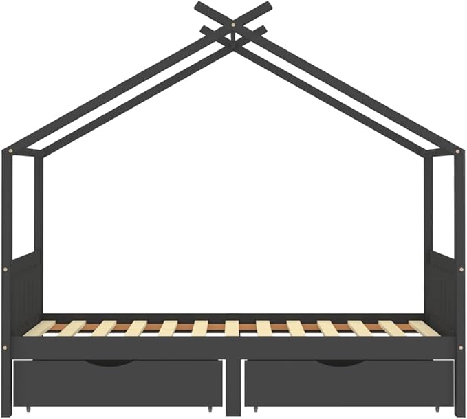 181526 - VIDAXL Kornizë Shtrati për Fëmijë 90×200 cm, Dru Pishe i Fortë, me Dyer, Dizajn Shtëpie Druri, Ngjyrë Gri e Errët