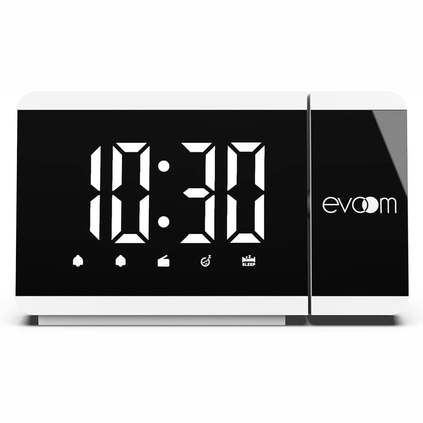 228420 - EVOOM – Slim UP EV304588 – Orë me alarm projektori, 1 portë USB, projektim drite rrotulluese, 2 alarme të programueshme, funksion shtyrjeje, radio, e bardhë