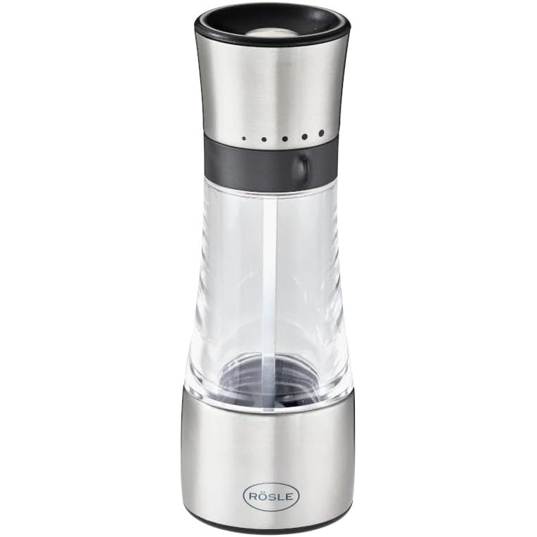 218134 - RÖSLE Mulli erëzash, mulli kripe/piperi me cilësi të lartë, çelik inox 18/10, argjend, i zi, transparent, cilësime të rregullueshme bluarjeje