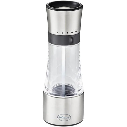 218134 - RÖSLE Mulli erëzash, mulli kripe/piperi me cilësi të lartë, çelik inox 18/10, argjend, i zi, transparent, cilësime të rregullueshme bluarjeje