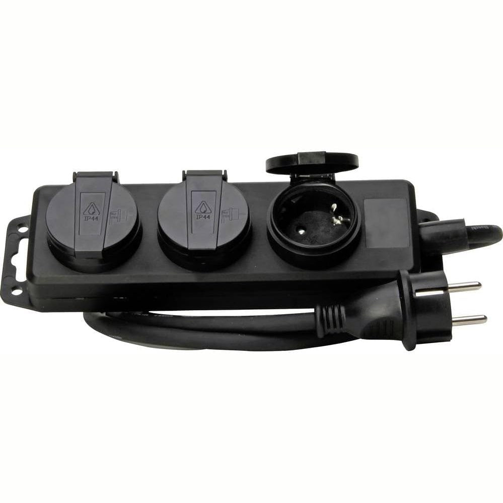 322686 - KOPP Shirit elektrik 3-kahësh rezistent ndaj lagështirës në të zezë - Prizë e fortë me shumë priza me mbulesa me mentesha dhe kabllo 1.4 mm² - IP44 rezistente ndaj spërkatjeve - Mund të montohet me vidë dhe në mur - për 16A dhe 250V