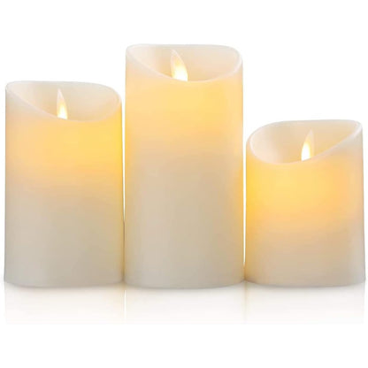 185077 - SALCAR Seti prej 3 Qirinjve LED pa Flakë, Dritë e Ngrohtë, Funksionon me Bateri, Qirinj LED që Dridhen, Madhësia: 15cm, 12.5cm, 10cm Lartësi, Përdoret për Dekorim në Darka, Ditëlindje, Festa