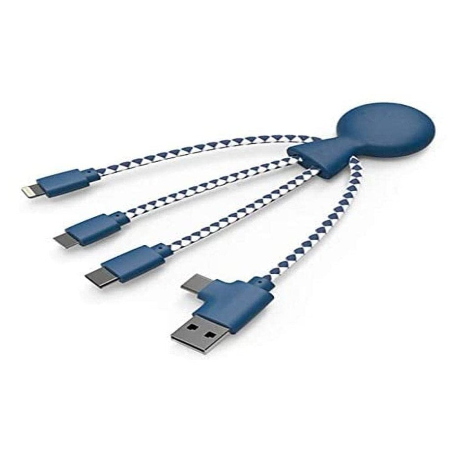 296229 - XOOPAR - KABLO MULTI USB OCTOPUS 4-NË-1 - KARIKUES UNIVERSAL PREJ PLASTIKE TË RICIKLUAR - LIDHËS USB-C, LIGHTNING, MICRO USB - I PAJTUESHËM ME TË GJITHË TELEFONAT INTELIGJENTË - MR BIO BLUE