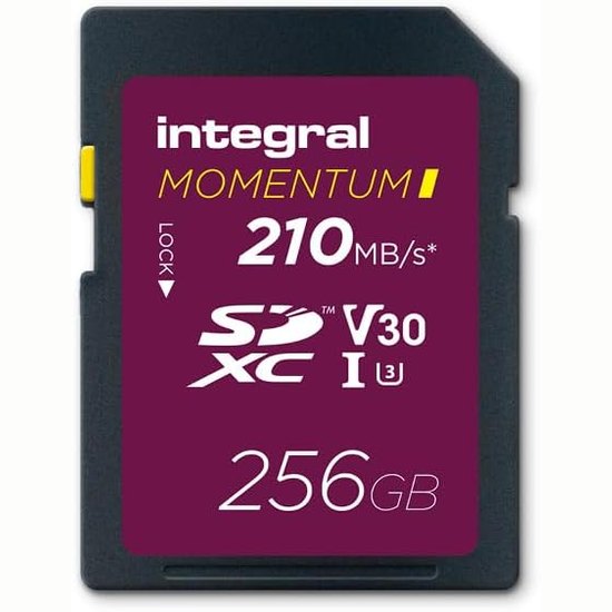 276329 - INTEGRAL Kartë SDXC Momentum I 256GB, Lexim 210MB/s, Shkrim 180MB/s, V30, U3, për kamera SLR, pa pasqyrë dhe videokamera, Video 4K UHD/Burst, Rezistent ndaj ujit, Rezistent ndaj goditjeve