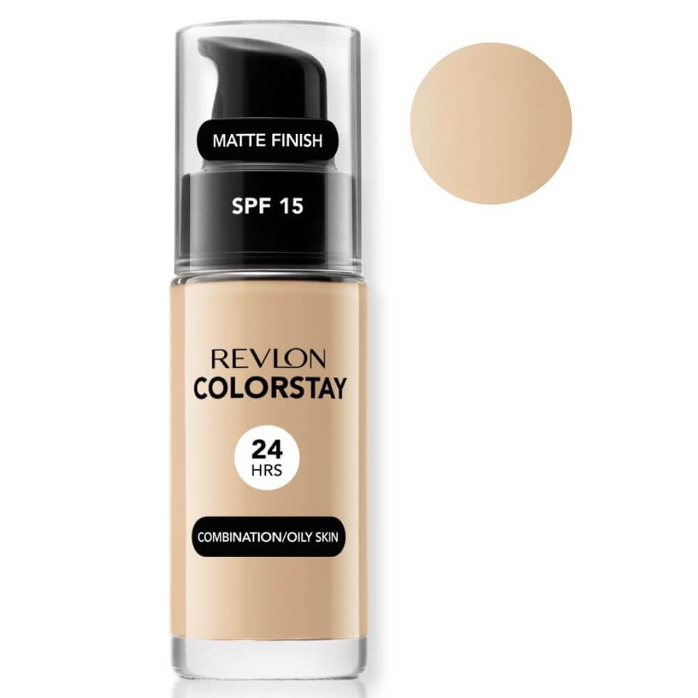 318126 - REVOLON - Fondatinë ColorStay, SPF 15, me Vitaminë E, Mbulim Mesatar-i Lartë, Qëndrueshmëri e Gjatë, Përfundim Mat, I papërshkueshëm nga uji, për lëkurë të kombinuar-të yndyrshme, Nuanca 180, Bezhë Rëre, 30 ml