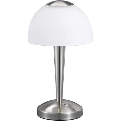 183945 - TRIO LIGHTING Llambë Tavoline LED, Ngjyrë Nikeli Mat, Xham Sateni i Bardhë, Rregullues Prekje 3 Nivele Ndriçimi, me 1 x 5W LED, Lartësi 28cm - Modeli 529990107