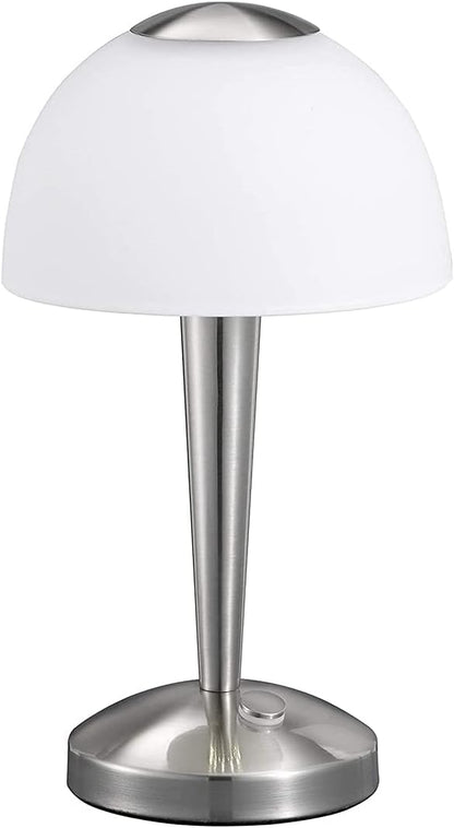 226546 - LLAMBË TAVOLINE LED Trio Lighting, ngjyrë nikeli mat, xham sateni i bardhë, 1 x 5W LED, lartësi - 28 cm