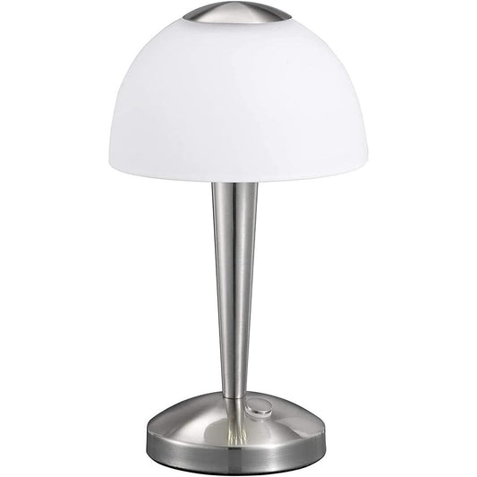 250856 - TRIO LIGHTING Llambë tavoline LED, ngjyrë nikeli mat, xham sateni i bardhë, rregullues me prekje me 3 nivele ndriçimi, përfshirë 1 x 5W LED, lartësi 28 cm