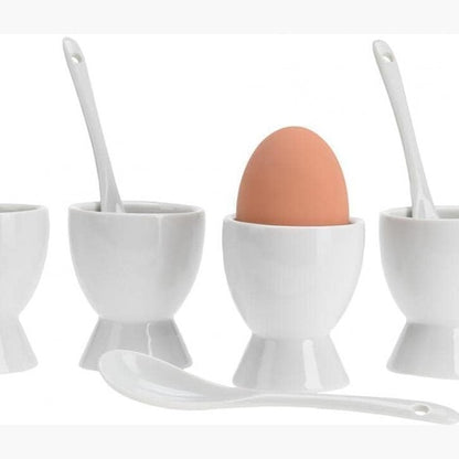 224948 - SET ME 8 PJESE mbajtëse vezësh për 4 vezë dhe 4 lugë, gota vezësh prej porcelani, set i bardhë