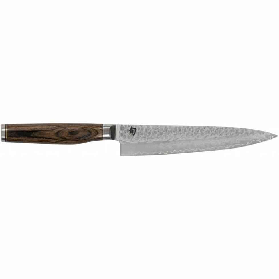 195052 - KAI - Thikë Shumëpërdorimëshe Japoneze Shun Premier Tim Mälzer, Gjatësi Tehu 16.5 cm, Çeliku Damasku 32 Shtresa, VG-MAX Core 61 HRC, Dorza prej Druri Pakka, Përfundim i Rrahur me Çekiç, Prodhuar në Japoni