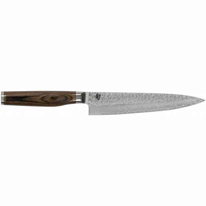 195052 - KAI - Thikë Shumëpërdorimëshe Japoneze Shun Premier Tim Mälzer, Gjatësi Tehu 16.5 cm, Çeliku Damasku 32 Shtresa, VG-MAX Core 61 HRC, Dorza prej Druri Pakka, Përfundim i Rrahur me Çekiç, Prodhuar në Japoni