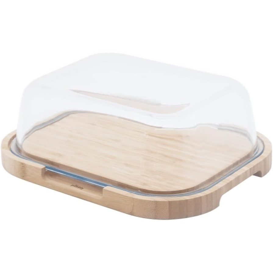 199768 - PEBBLY - Kuti Djathi me Kupolë Qelqi dhe Plaka Bambuje, Për 3-4 Djathëra, Madhësia 27 x 21.5 x 9.5cm, Materiale Natyrale, Pa BPA