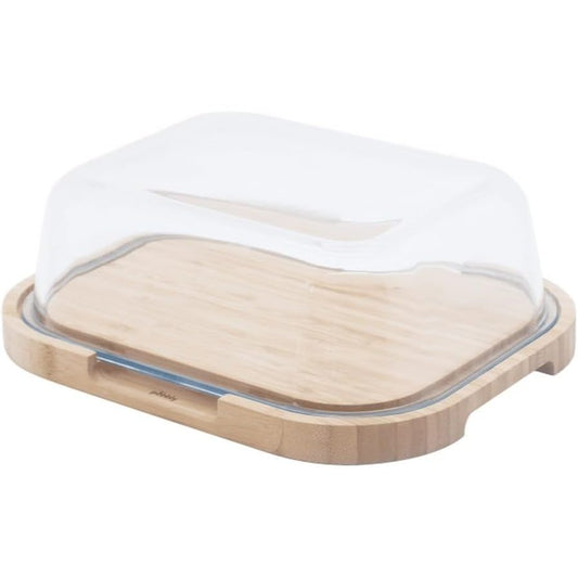 199768 - PEBBLY - Kuti Djathi me Kupolë Qelqi dhe Plaka Bambuje, Për 3-4 Djathëra, Madhësia 27 x 21.5 x 9.5cm, Materiale Natyrale, Pa BPA