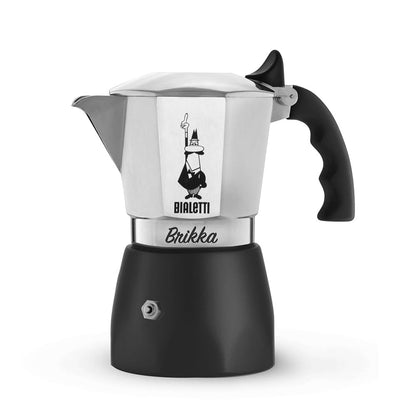 255306 - BIALETTI New Brikka 2023, kafe Moka pot, 2 filxhanë, alumini dhe e zezë, e aftë për ekspres kremoz