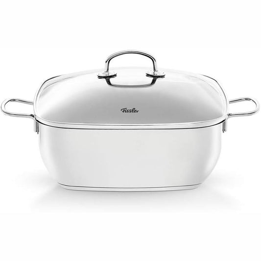 177063 - FISSLER Tavë Pjekjeje Secural, Çelik Inox, e Veshur, me Kapak Qelqi, e Sigurt për Furrë, Me Induksion - Kapacitet 6.5L, Diameter 28cm