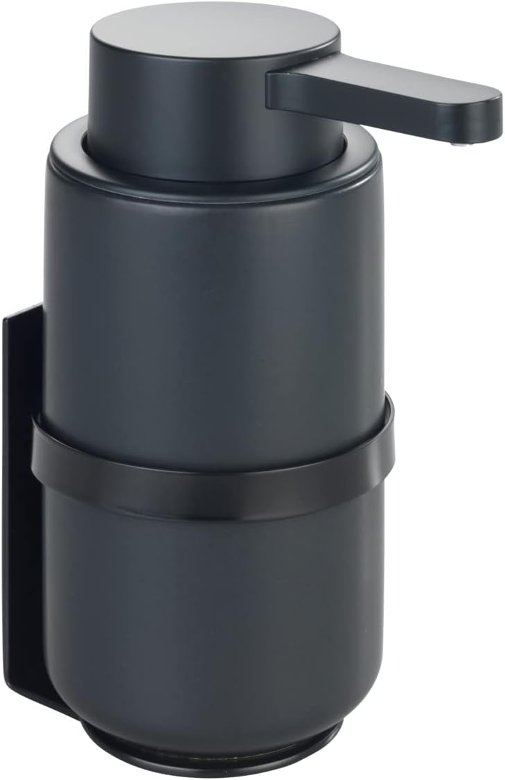 256876 - WENKO Dispenser sapuni i montuar në mur Model Woya, me pompë qeramike, 250 ml, montim Turbo-Loc® pa shpim, 6.8 x 13 x 6.8 cm, i zi