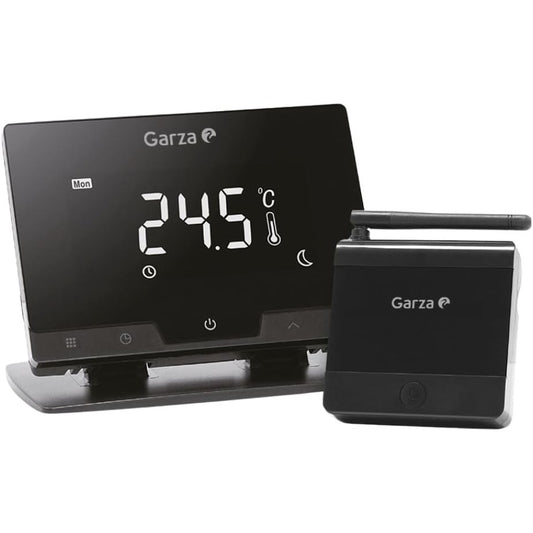 217135 - GARZA SMART - Termostat inteligjent WiFi pa tel për bojler dhe ngrohje, i programueshëm, ekran me prekje, WiFi 2.4GHz, telekomandë përmes aplikacionit dhe Alexa/Google Voice, ngjyra e zezë