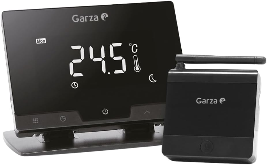 217134 - GARZA SMART - Termostat inteligjent WiFi pa tel për bojler dhe ngrohje, i programueshëm, ekran me prekje, WiFi 2.4GHz, telekomandë përmes aplikacionit dhe Alexa/Google Voice, ngjyra e zezë