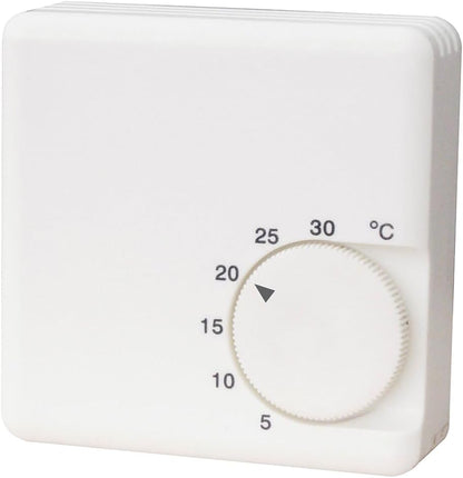 257492 - SIMON Termostat mekanik për ngrohje, kontroll temperature 5 °C–30 °C, montim në sipërfaqe me 2 tela, 10 A, 250 V, termostat analog muri, i bardhë