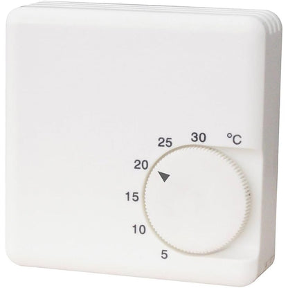 242107 - SIMON Termostat mekanik për ngrohje, kontroll temperature 5 °C–30 °C, montim në sipërfaqe me 2 tela, 10 A, 250 V, termostat analog muri, i bardhë