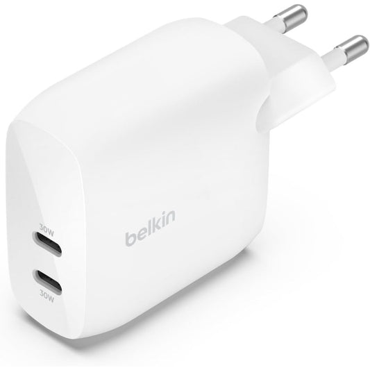 123865 - BELKIN - Karikues i dyfishtë BoostCharge 60W me PPS, i pajtueshëm me iPhone 16, 15, 14, iPad, Samsung Galaxy dhe Google Pixel, dhe kabllot USB-C në Lightning