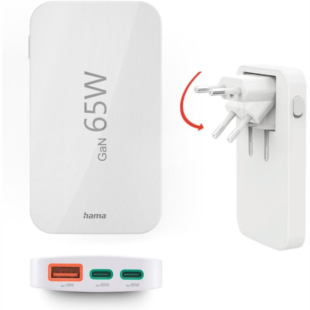 295803 - HAMA Karikues USB C 65W, Karikues muri me 2 porta USB-C, 1 portë USB-A, për telefona celularë, laptopë, tableta, mbështet furnizimin me energji, i bardhë