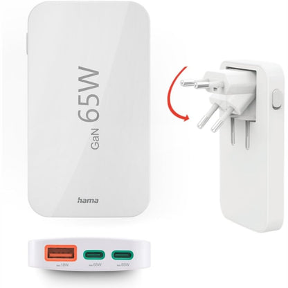 295803 - HAMA Karikues USB C 65W, Karikues muri me 2 porta USB-C, 1 portë USB-A, për telefona celularë, laptopë, tableta, mbështet furnizimin me energji, i bardhë
