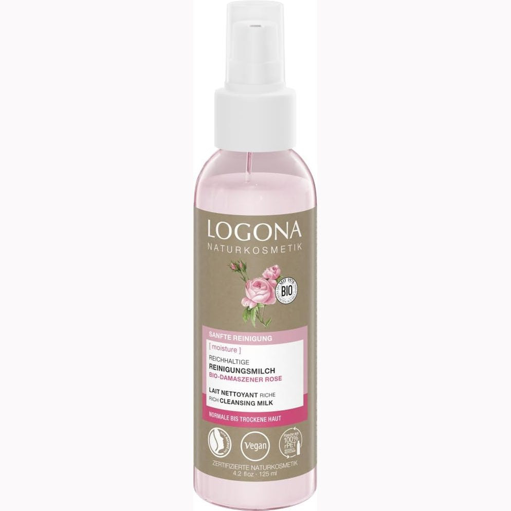 301219 - LOGONA Qumësht Pastrues i Pasur Organik me Trëndafil Damask Organik 125 ml, pastrim i butë dhe ushqyes për lëkurë normale dhe të thatë, natyral dhe vegan