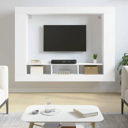 265363 - vidaXL Njësi TV e bardhë prej druri të projektuar me montim në mur me rafte lundruese, dizajn modern që kursen hapësirë