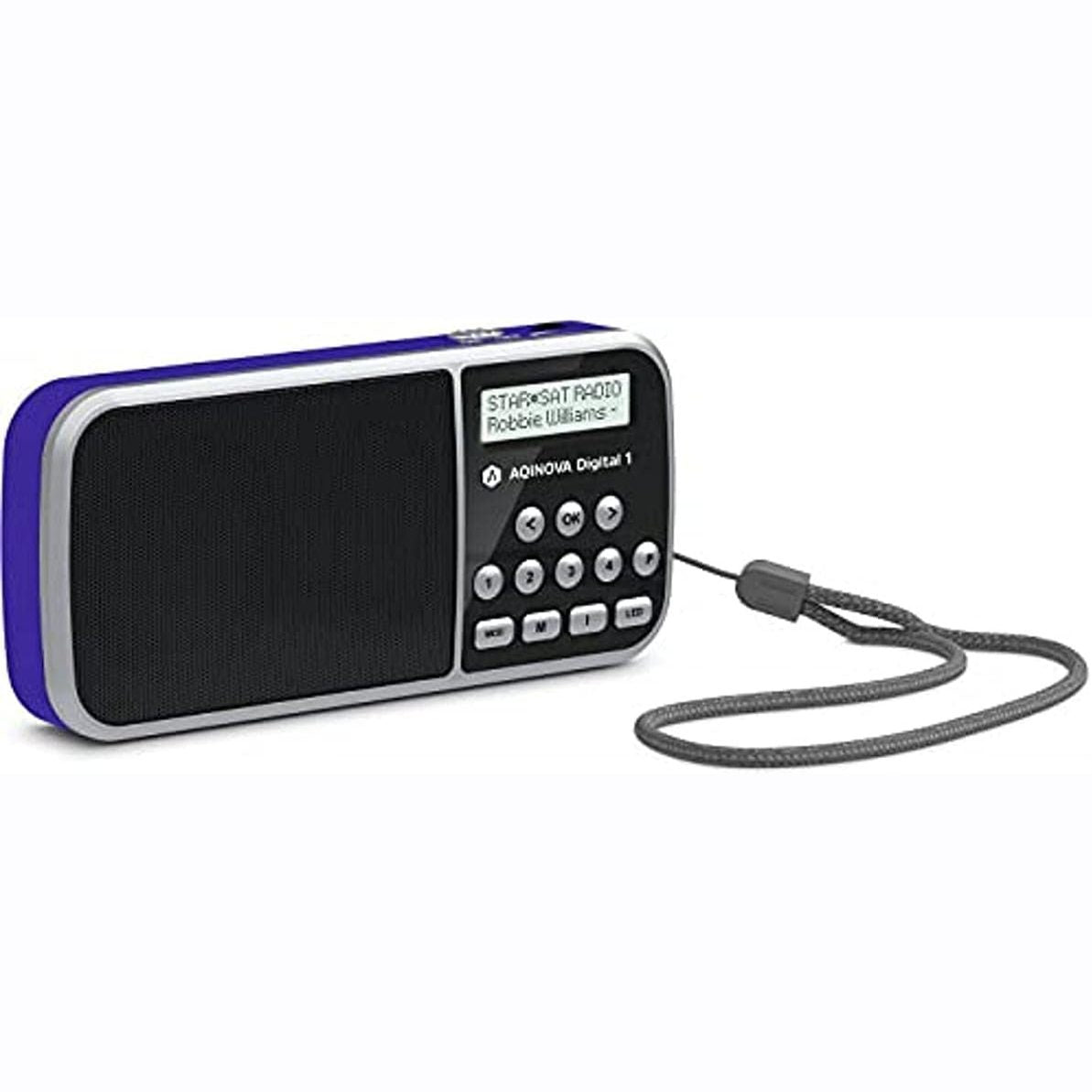 268394 - AQINOVA - Digital 1, radio portative DAB+/FM (ekran LCD, memorie të preferuarave, butona të përzgjedhjes direkte, prizë për kufje, USB, hyrje AUX, elektrik dore LED, bateri e zëvendësueshme, 1 vat, e vogël) blu