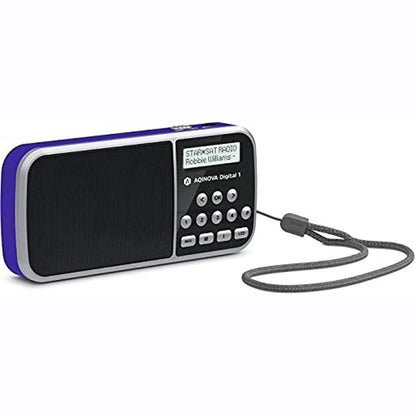 268394 - AQINOVA - Digital 1, radio portative DAB+/FM (ekran LCD, memorie të preferuarave, butona të përzgjedhjes direkte, prizë për kufje, USB, hyrje AUX, elektrik dore LED, bateri e zëvendësueshme, 1 vat, e vogël) blu