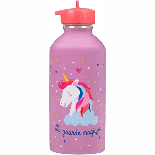 225027 - DRAEGER PARIS Shishe uji për fëmijë prej çeliku inox, kapacitet 300 ml, 17 cm x 6.5 cm, vjollcë, me mbishkrimin: Shishja ime magjike e ujit