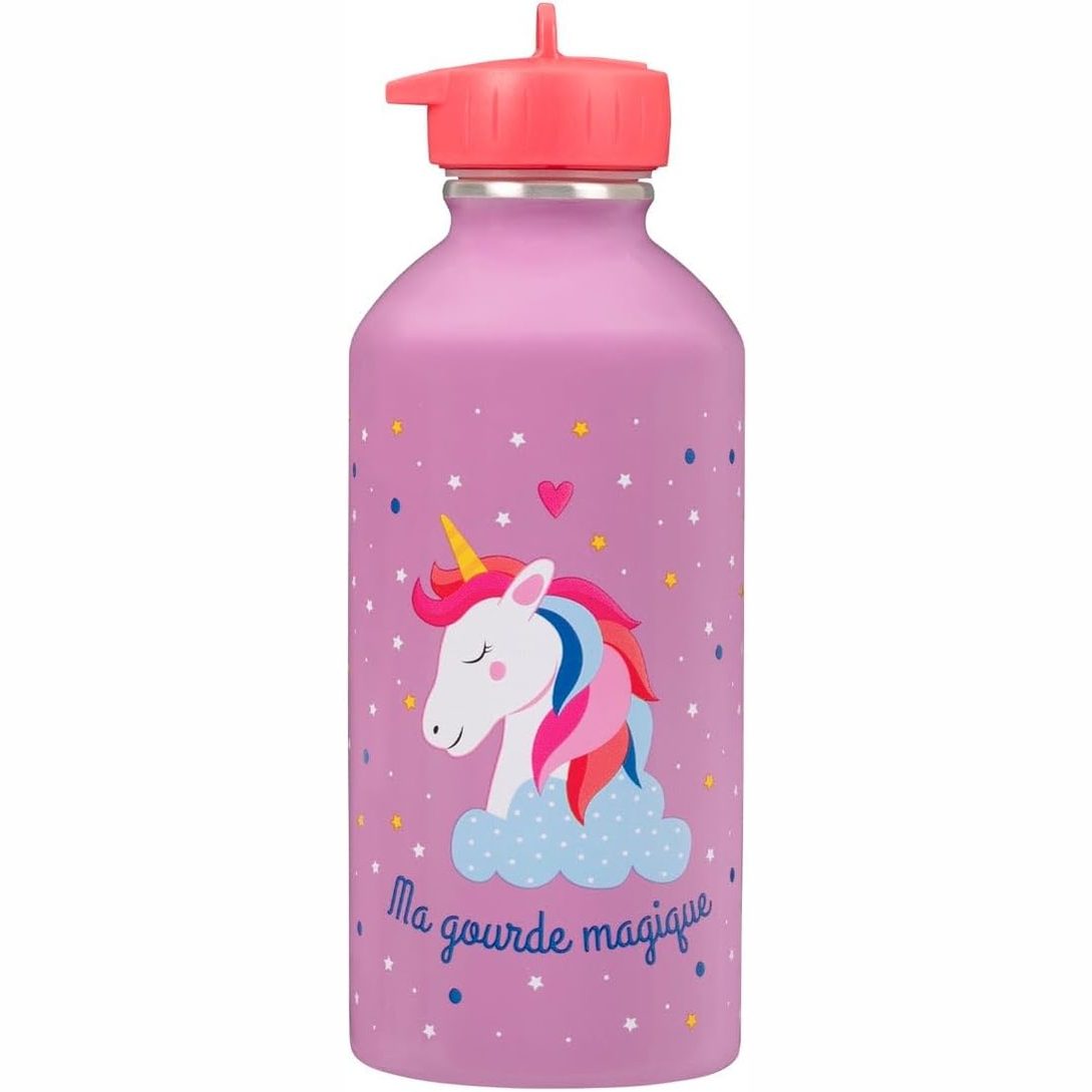 234554 - DRAEGER PARIS Shishe uji për fëmijë prej çeliku inox, kapacitet 300 ml, 17 cm x 6.5 cm, vjollcë, me mbishkrimin: Shishja ime magjike e ujit