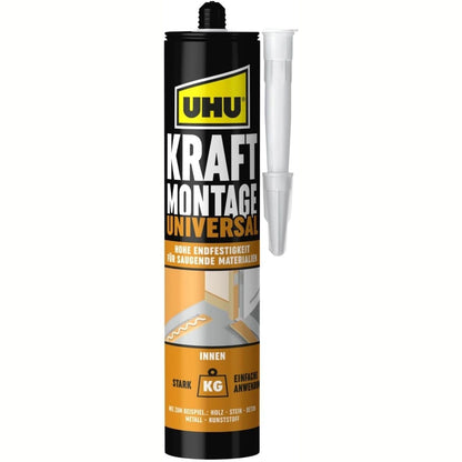 335294 - UHU Kraft Montage Universal - ngjitës i fortë montimi 470g, ngjit dru, gur, beton, metal dhe polistiren, pa tretës, elastik
