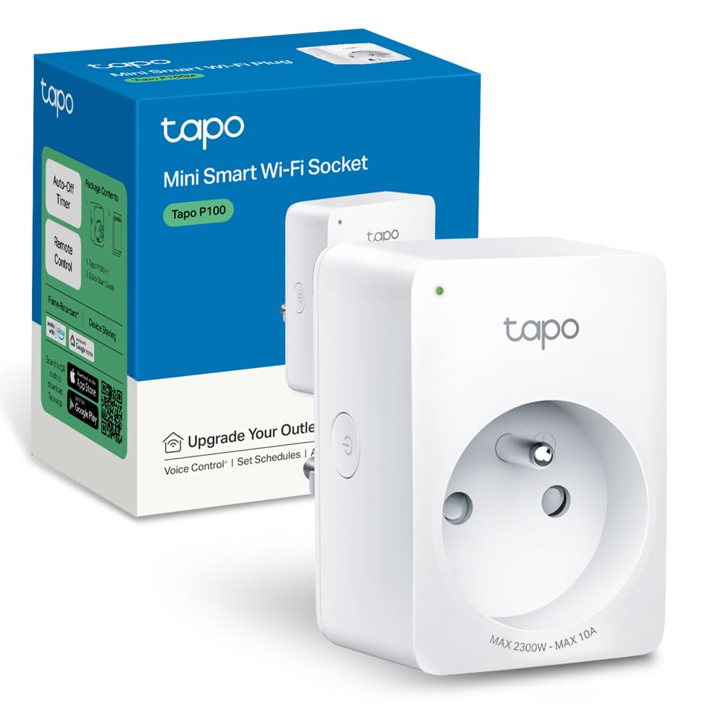 274313 - TAPO Prizë inteligjente WiFi, e pajtueshme me Alexa dhe Google Home, 10A Tipi E, Kontrolloni ngrohësin, aparatin e kafesë, llambën nga distanca, Nuk kërkohet qendër, Tapo P100(FR) 1 Pako