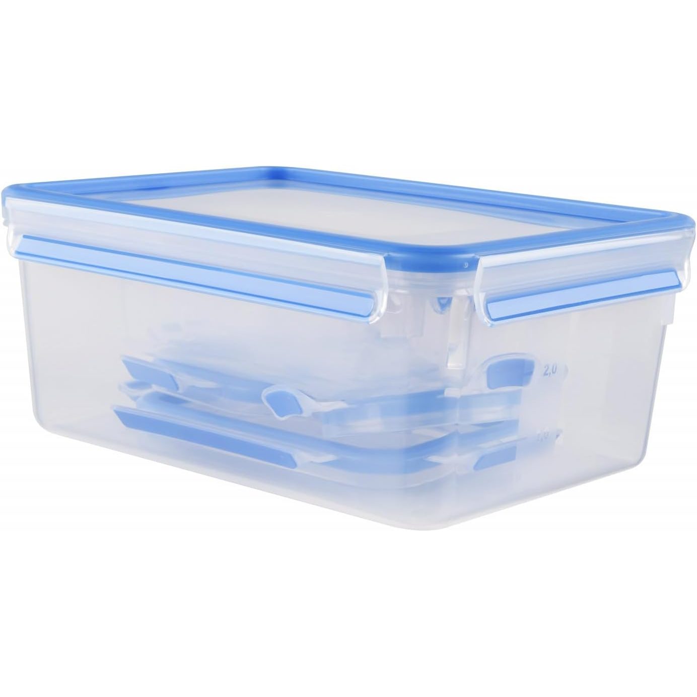 223748 - EMSA Set enësh për ruajtjen e ushqimit me kapëse dhe mbyllje, 0.15, 0.2, 0.55, 1.00 dhe 3.70 L, 100% të papërshkueshëm nga rrjedhjet, të sigurta për lavastovilje, frigorifer dhe mikrovalë, transparente, blu, 508568