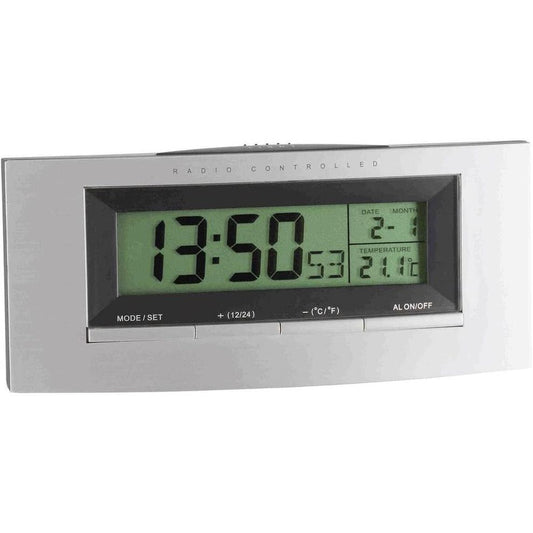 201108 - TFA DOSTMANN Orë Alarmi Dixhitale me Radio dhe Opsionin Snooze, Ekran Temperature Brendshme, Datë dhe Ditë Jave, Ndryshim Automatik i Kohës, Modeli 98.1030