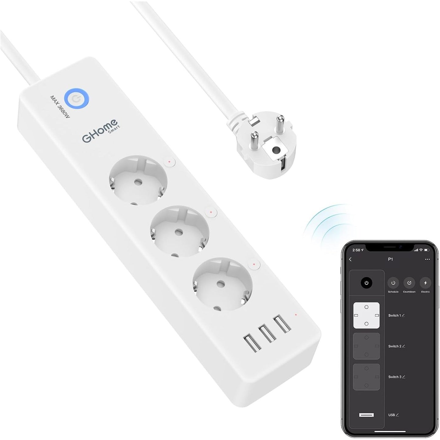 293390 - GHOME Shirit elektrik inteligjent WiFi me 3 priza AC dhe 3 porta USB, Çelësa të kontrolluar veçmas, Matës të konsumit të energjisë, Kontroll me aplikacion, 16A, 1.5M