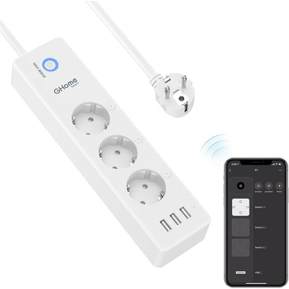 293390 - GHOME Shirit elektrik inteligjent WiFi me 3 priza AC dhe 3 porta USB, Çelësa të kontrolluar veçmas, Matës të konsumit të energjisë, Kontroll me aplikacion, 16A, 1.5M