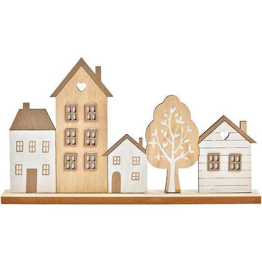 201178 - LOGBUCH-VERLAG Rresht Shtëpish prej Druri, Madhësi 30 x 17 x 5 cm, Shtëpi të Pavarura për Dekorim, Ngjyra Bardhë Natyrale