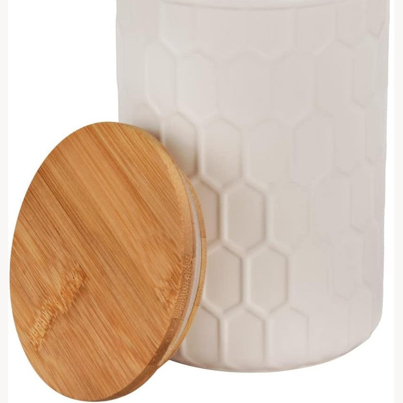 223758 - WENKO Enë ruajtjeje Maya, qeramikë e bardhë, 900 ml, 11 x 16 cm, kapak hermetik prej bambuje, e çertifikuar FSC