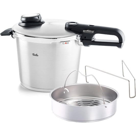 260016 - FISSLER Tenxhere me Presion Vitavit Premium, 6 L, Ø 22 cm, prej çeliku inox, 4 nivele gatimi, përfshirë futësin, prodhuar në Gjermani, Induksion